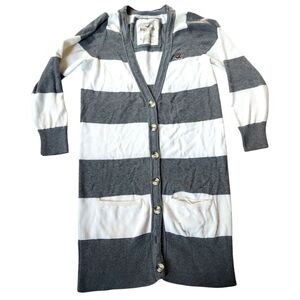 2010s Hollister White & Grey V Neck Button Up Sweater Cardigan Size L